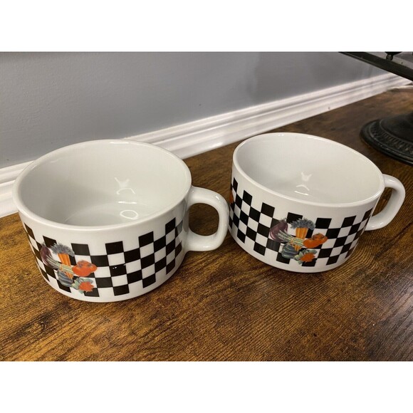 Vintage Giftco Checkered Vegetables Soup Bowl Mug Set with Handles Stoneware - Picture 3 of 4